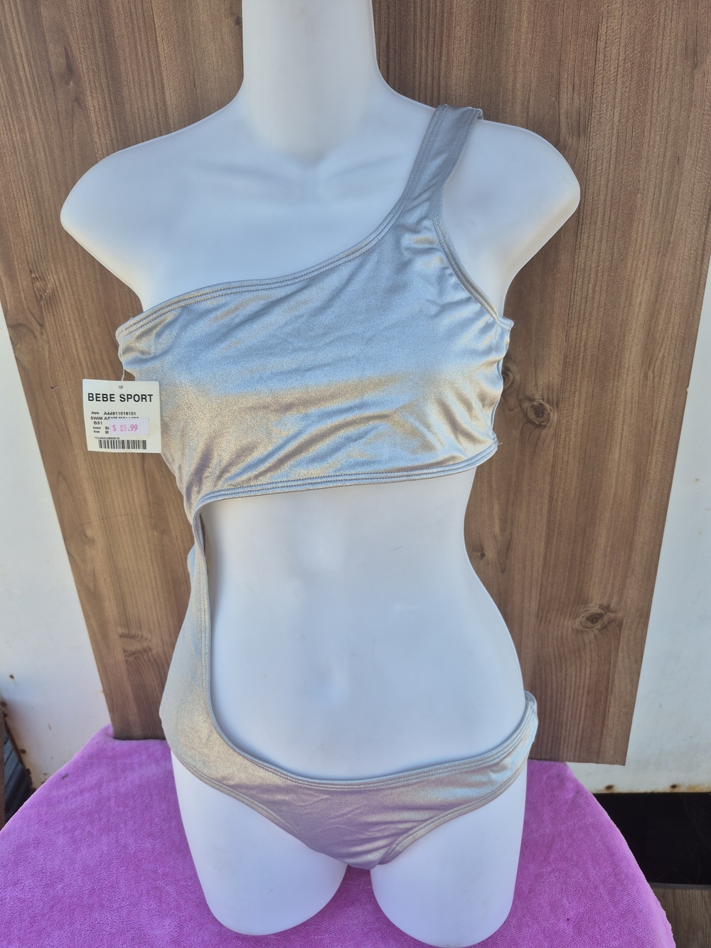 Bebe Sport One-Shoulder Metallic Silver Cutout Swimsuit